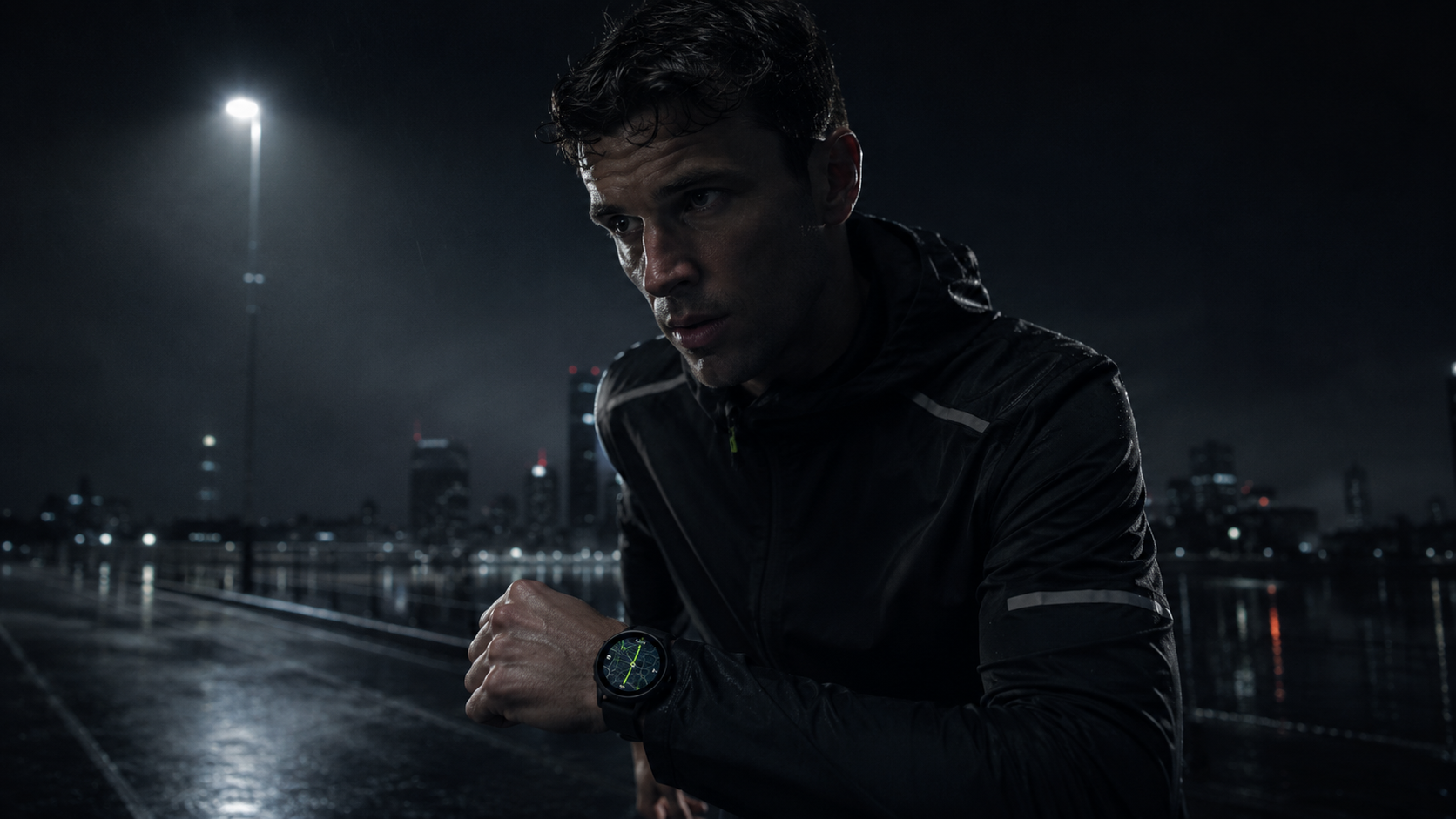 Coureur consultant son allure sur montre GPS la nuit, en préparation d'un marathon